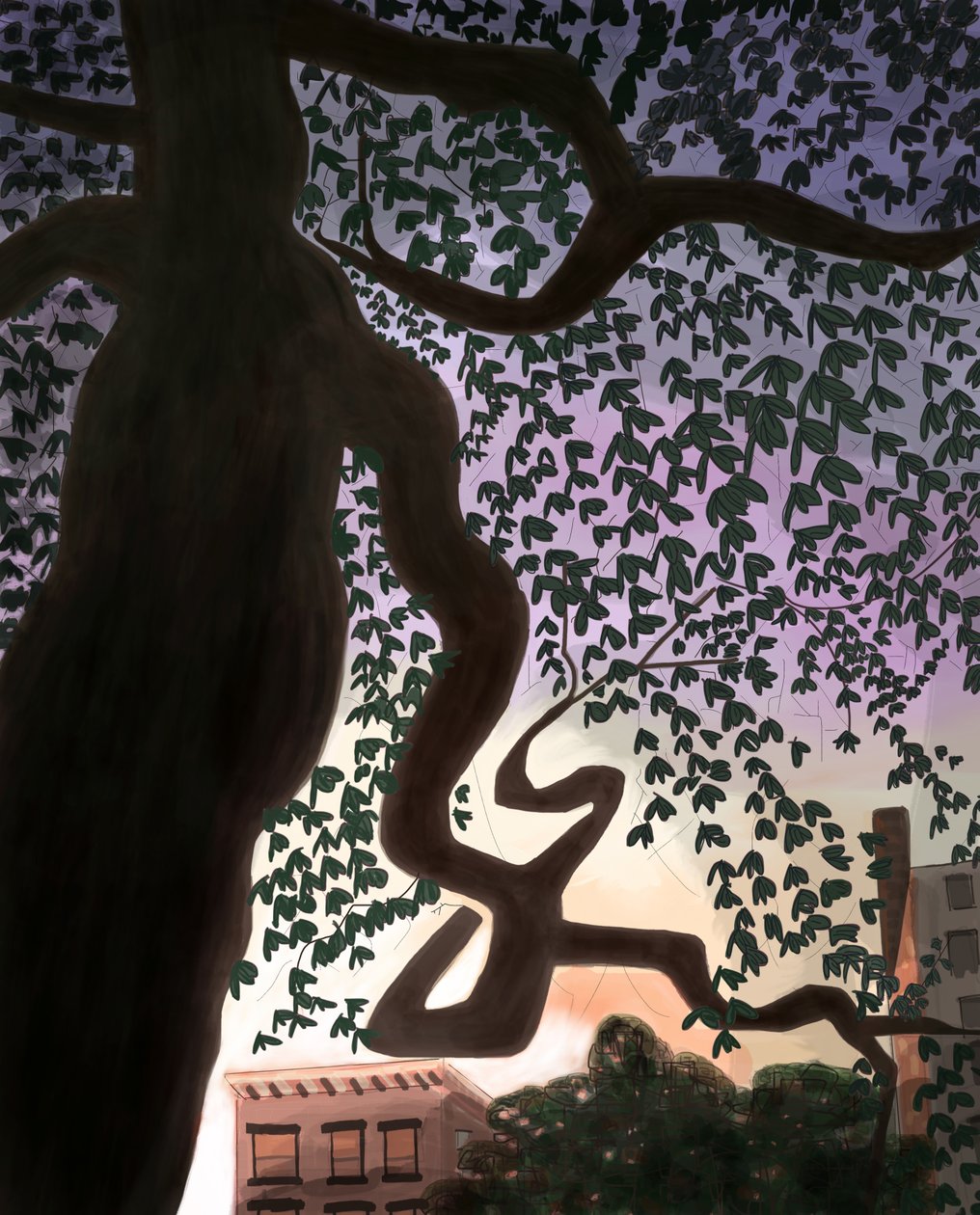 Arbre et avenue au crépuscule, 2016 (dessiné à la main sur un iPad avec un crayon Apple) - Evan Sklar