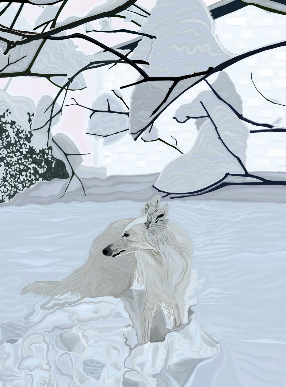 Chien blanc dans la neige (art numérique) - Evan Sklar