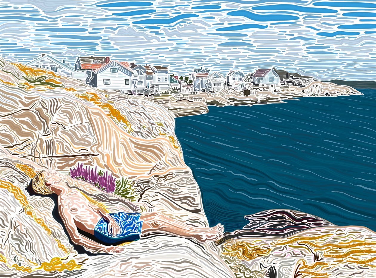 Jeune homme au bord de la mer en été prenant le soleil sur les rochers. (art numérique) - Evan Sklar