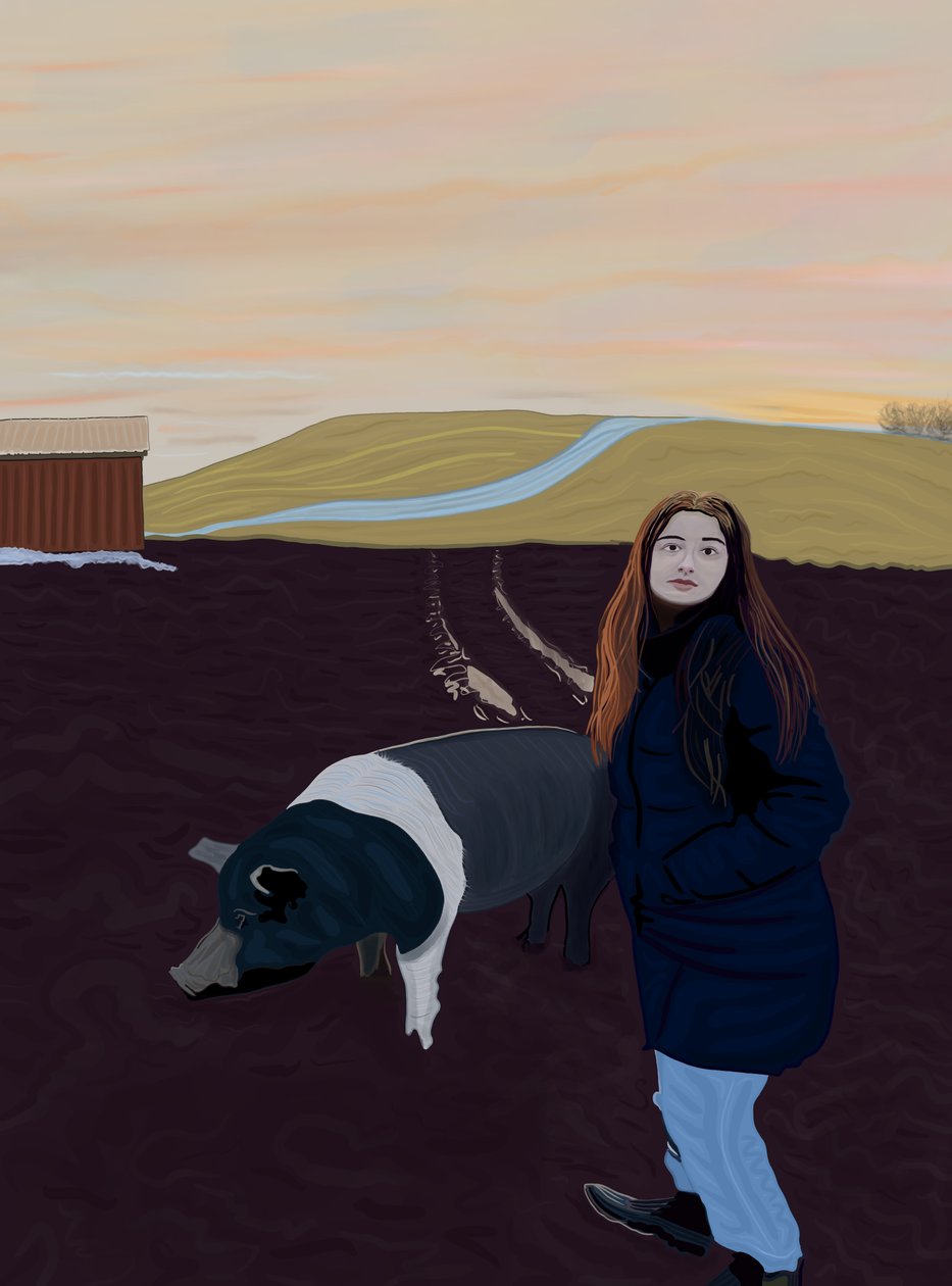 Jeune femme et cochon, vers 2020-24 (art numérique) - Evan Sklar