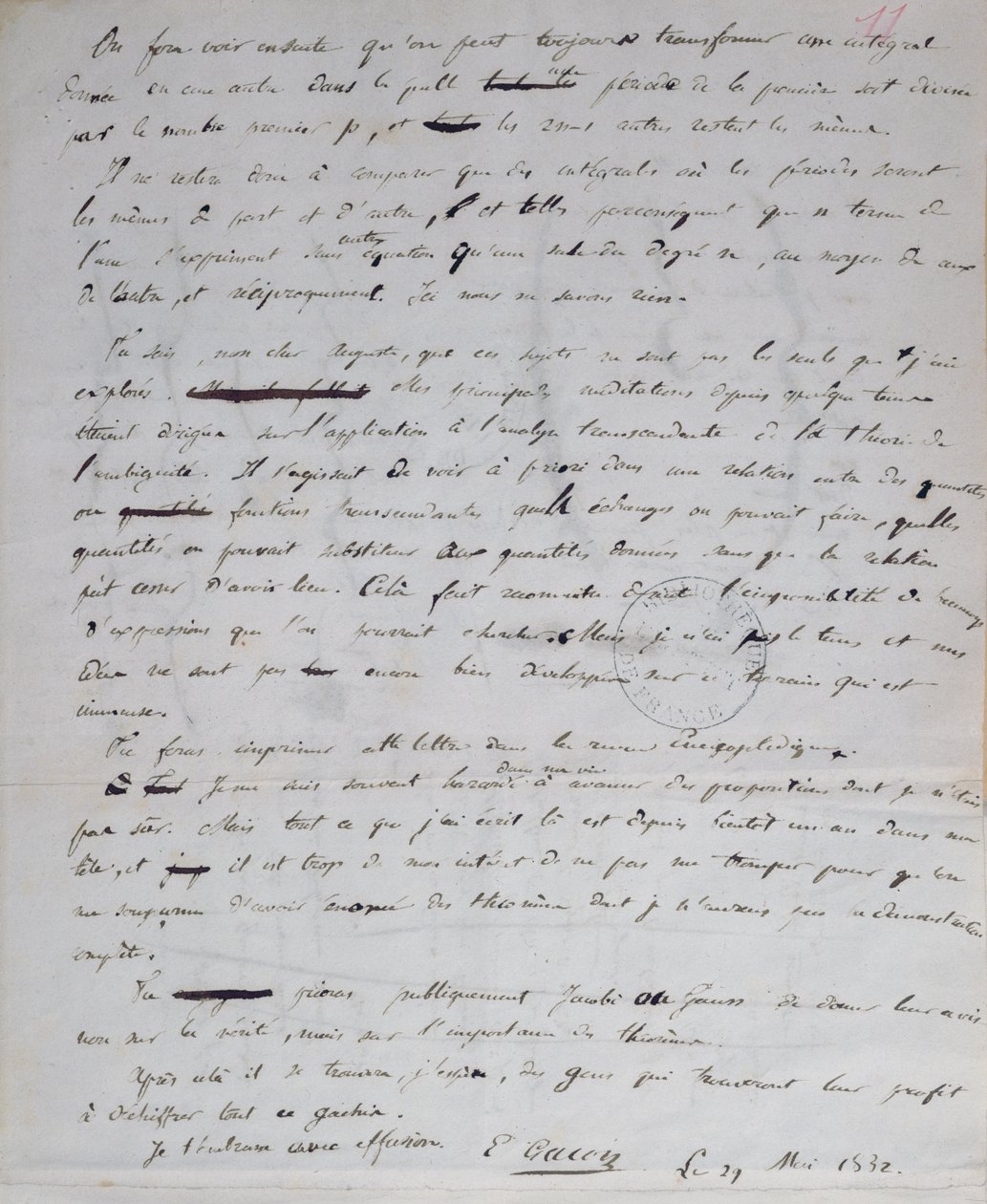 Ms 2108 fol.11r Lettre de Gallois à Auguste Chevalier, 29 mai 1832 - Evariste Gallois