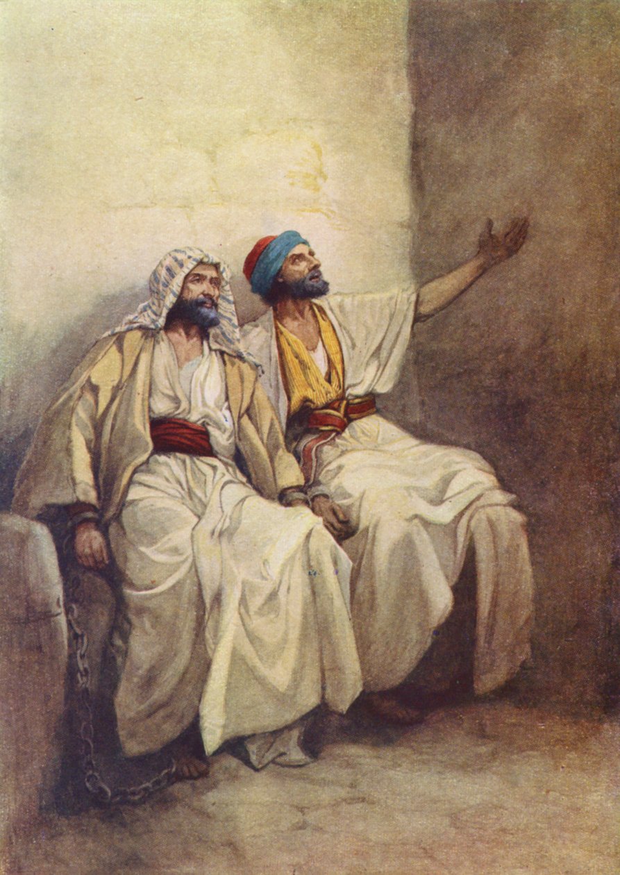 Paul et Silas joyeux en prison (lithographie couleur) - Evelyn Stuart Hardy