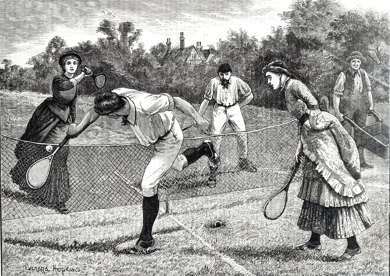 Gravure représentant un match de tennis en double amical - Everard Hopkins
