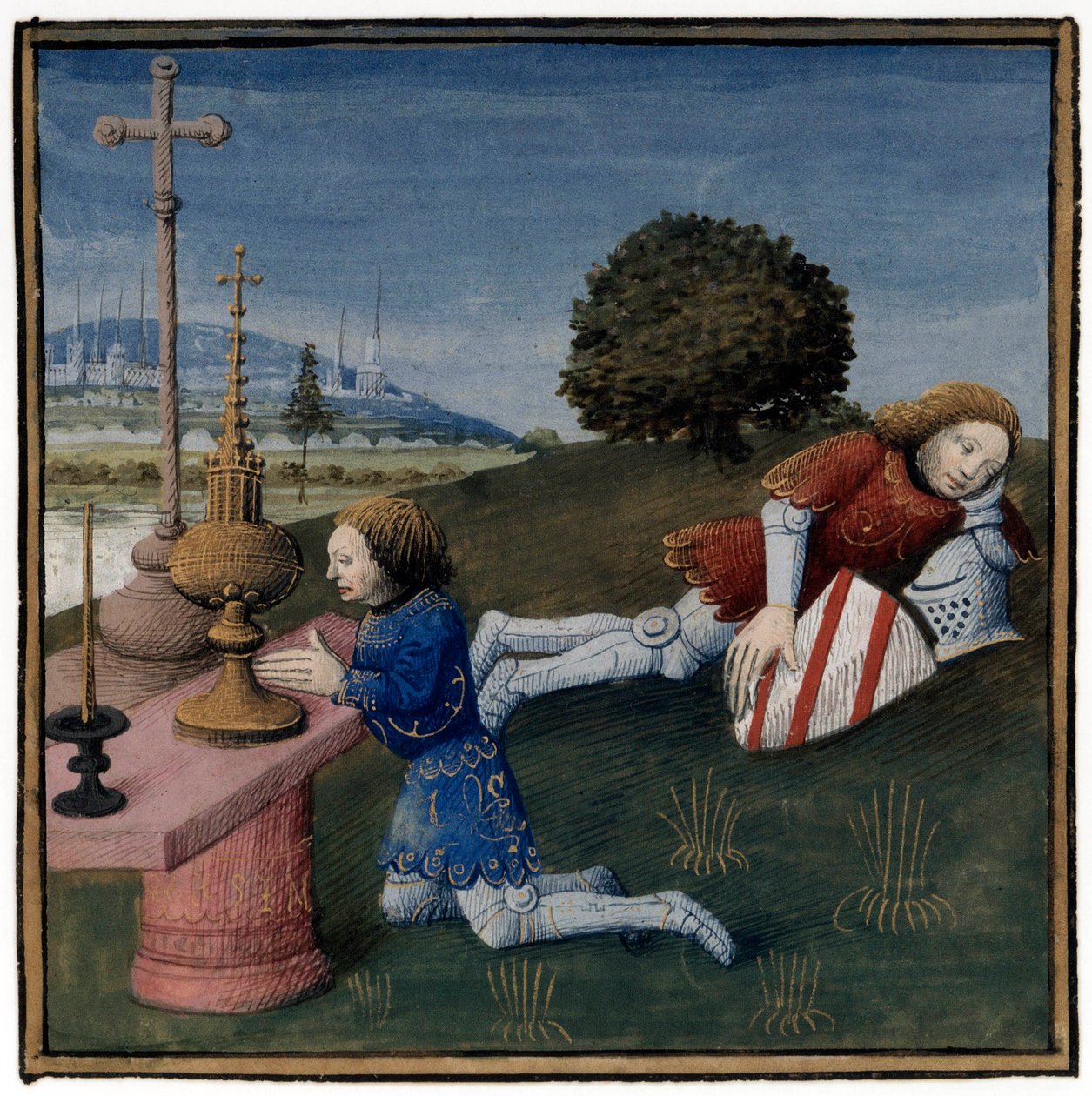 Légende arthurienne : Lancelot dort tandis que le Saint Graal apparaît à un autre chevalier, enluminure par Evrard d