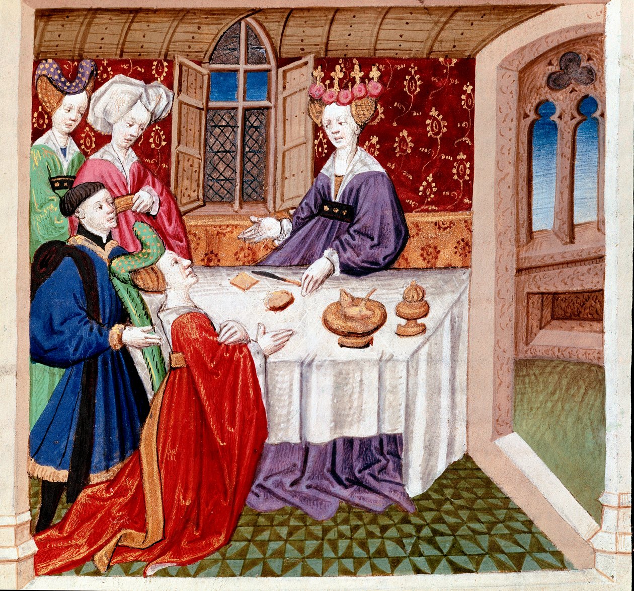 Iseut implore la protection de la reine Guenièvre assise à sa table - Everard de Espinques
