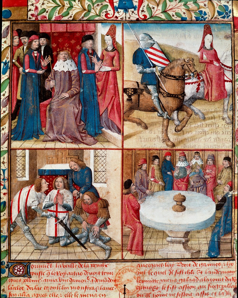 Le roi Arthur tenant cour, Lancelot conduit par une dame à l