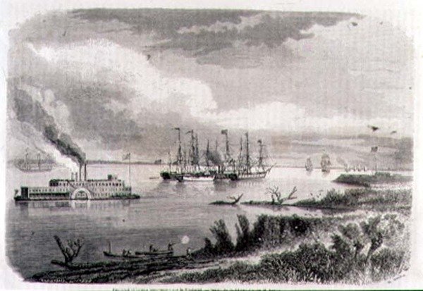 Un vapeur et un remorqueur sur le Mississippi, gravé par Stéphane Pannemaker (1847-1930) - Evremond de (after) Berard