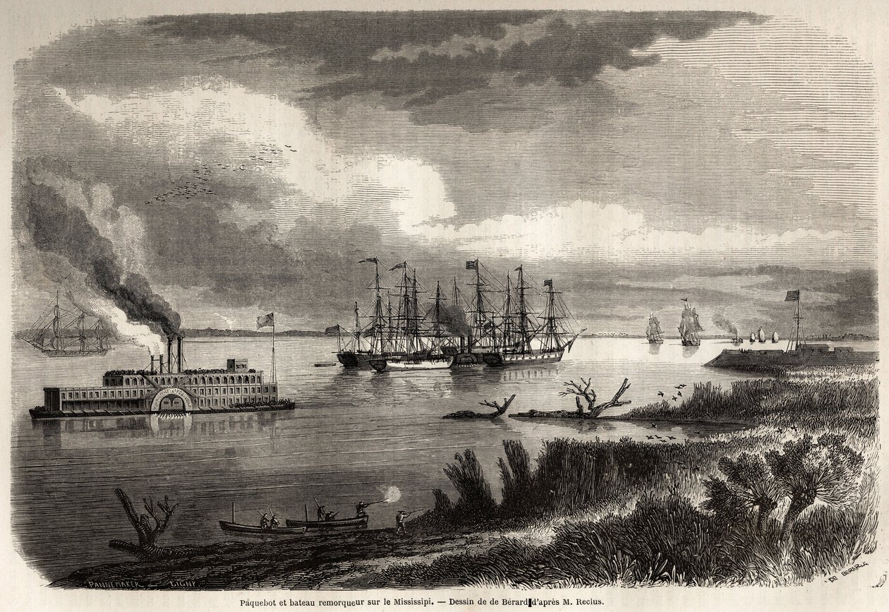 Navire et remorqueur sur le Mississippi, dessin d