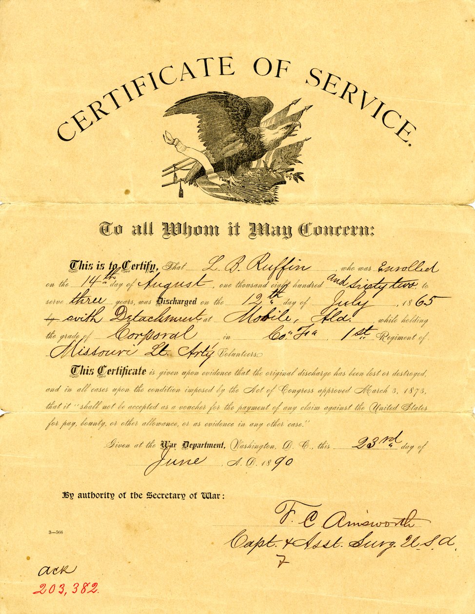 Déclare que Ruffin a été libéré avec le détachement le 12 juillet 1865, de la compagnie F de la 1ère artillerie légère du Missouri tout en détenant le grade de caporal - F. C. Amsworth
