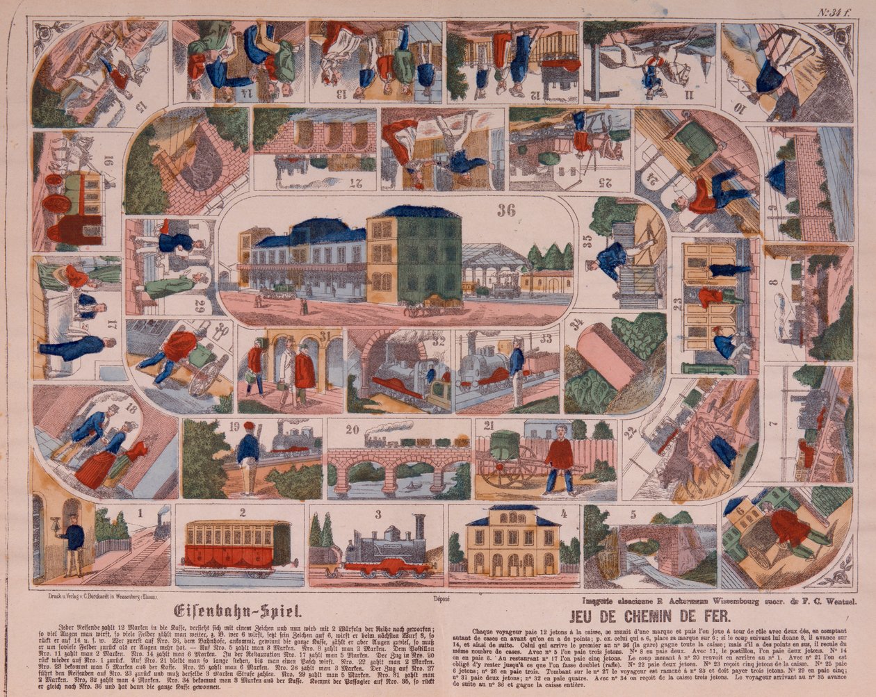 Jeu de train à vapeur, feuille illustrée publiée par Ackermann, Wissembourg, vers 1860 - F. C. Wentzel