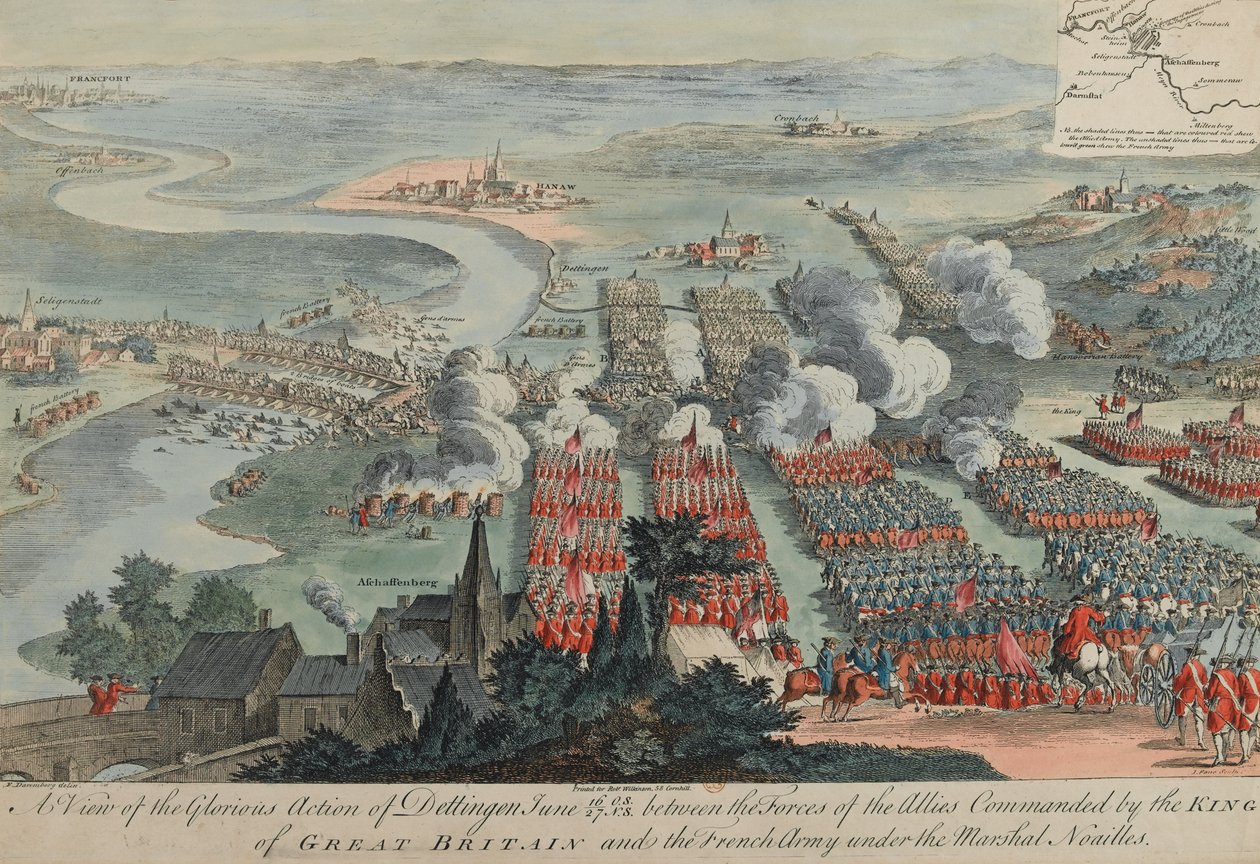 Vue de la glorieuse action de Dettingen, 16-27 juin 1743, gravée par I. Pano, publiée par Robert Wilkinson, Londres, 1743 - F. Daremberg