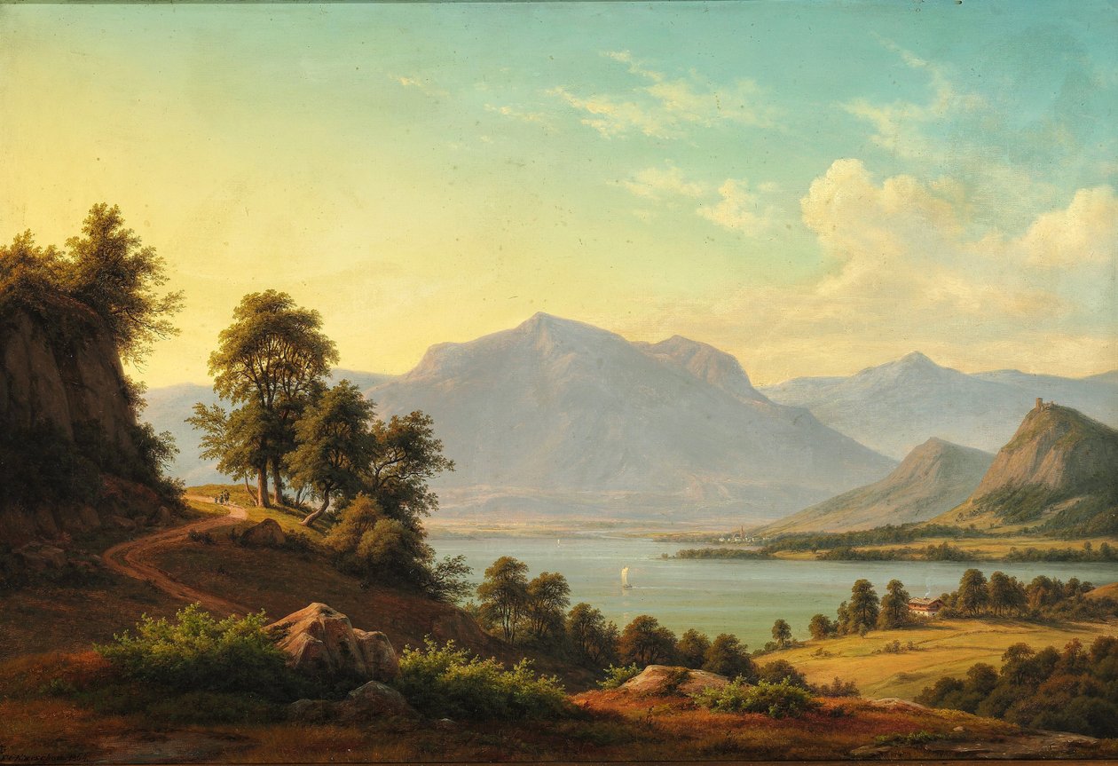 Paysage alpin avec rivière et hautes montagnes - F.C. Kiærskou