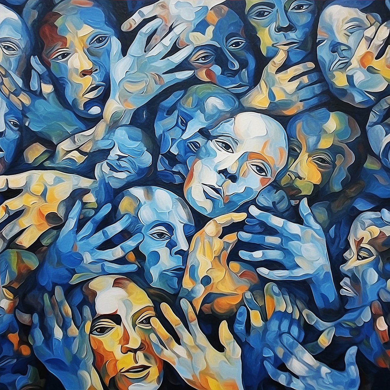 Une foule de visages sur toile, peinture contemporaine - F. Abderrahim