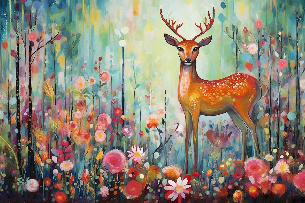 Un cerf dans la nature et les fleurs, couleurs vives - F. Abderrahim