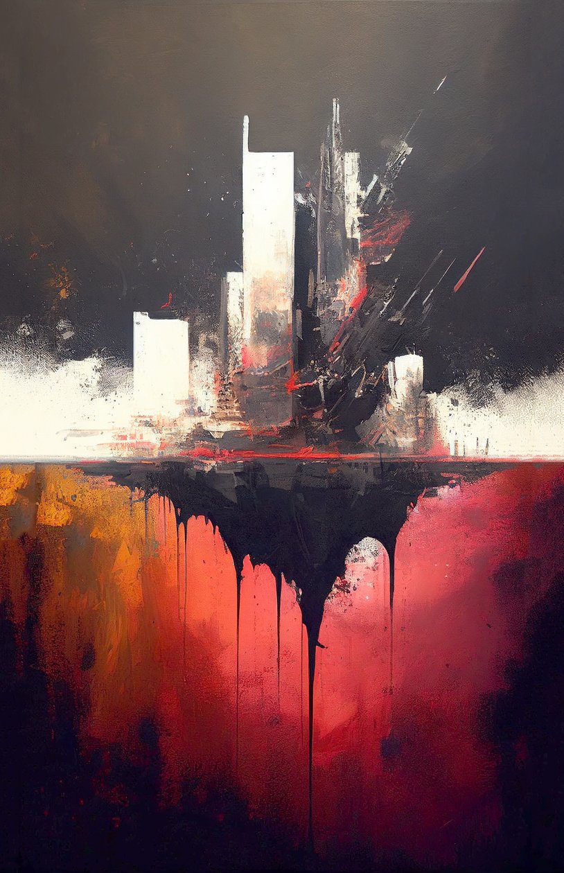 Peinture rouge abstraite, coups de pinceau épais - F. Abderrahim