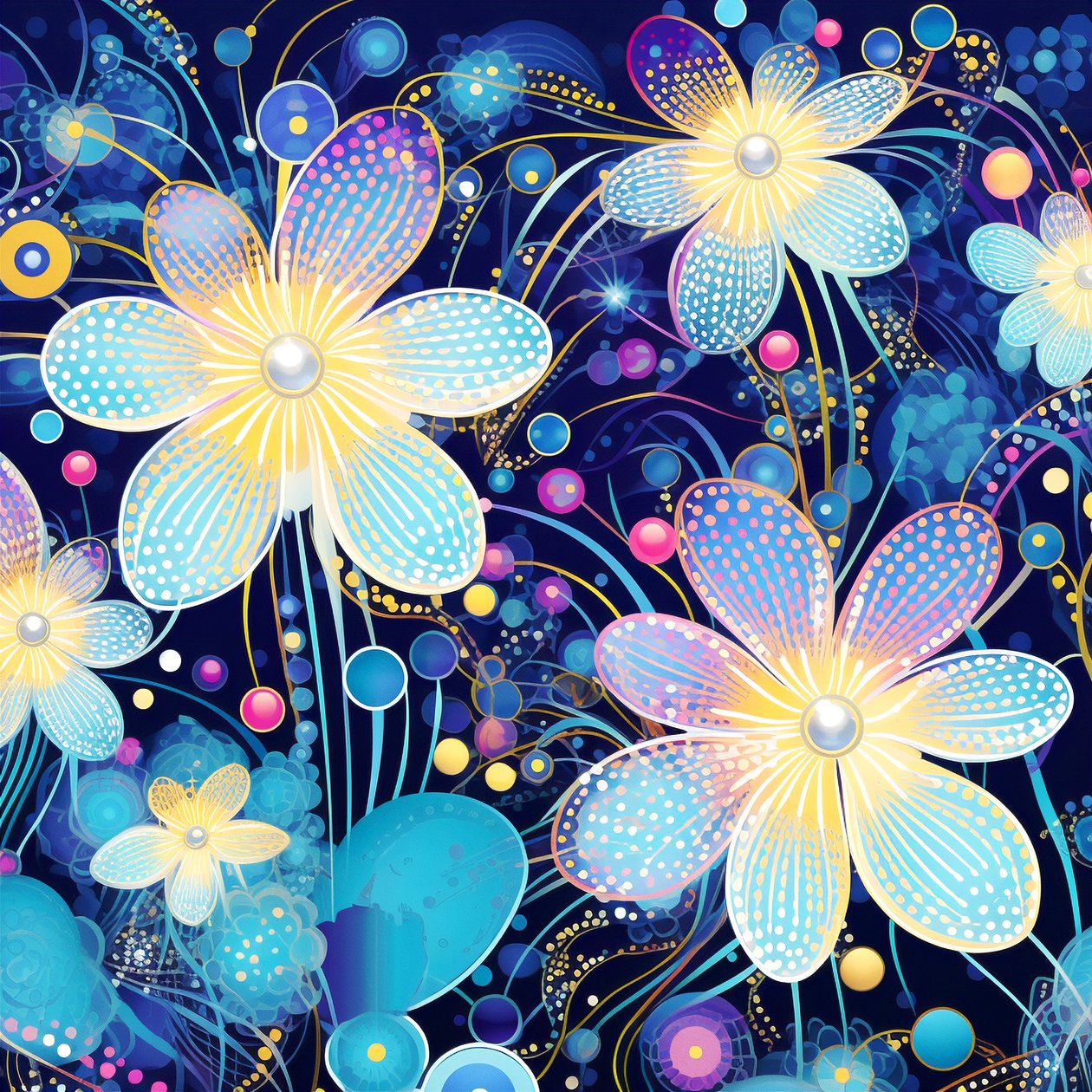 Motif floral en bleu, style yayoi kusama, impressions d