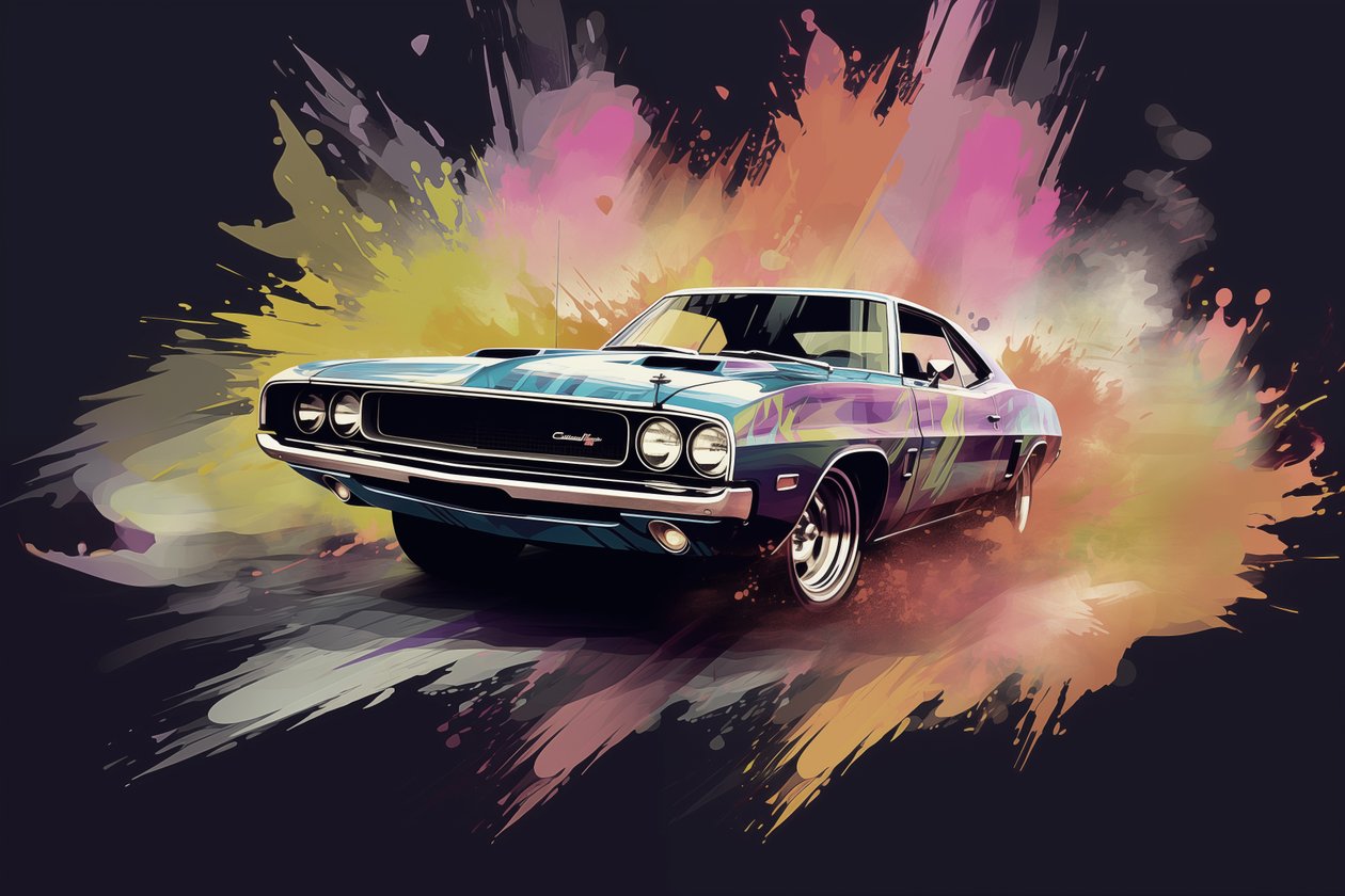 Vieille voiture américaine, années 70 et 60, peinture abstraite - F. Abderrahim
