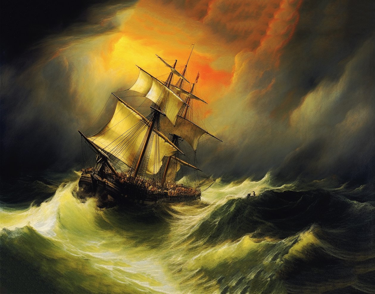 Navire dans une tempête en mer, style de peinture de William Turner - F. Abderrahim
