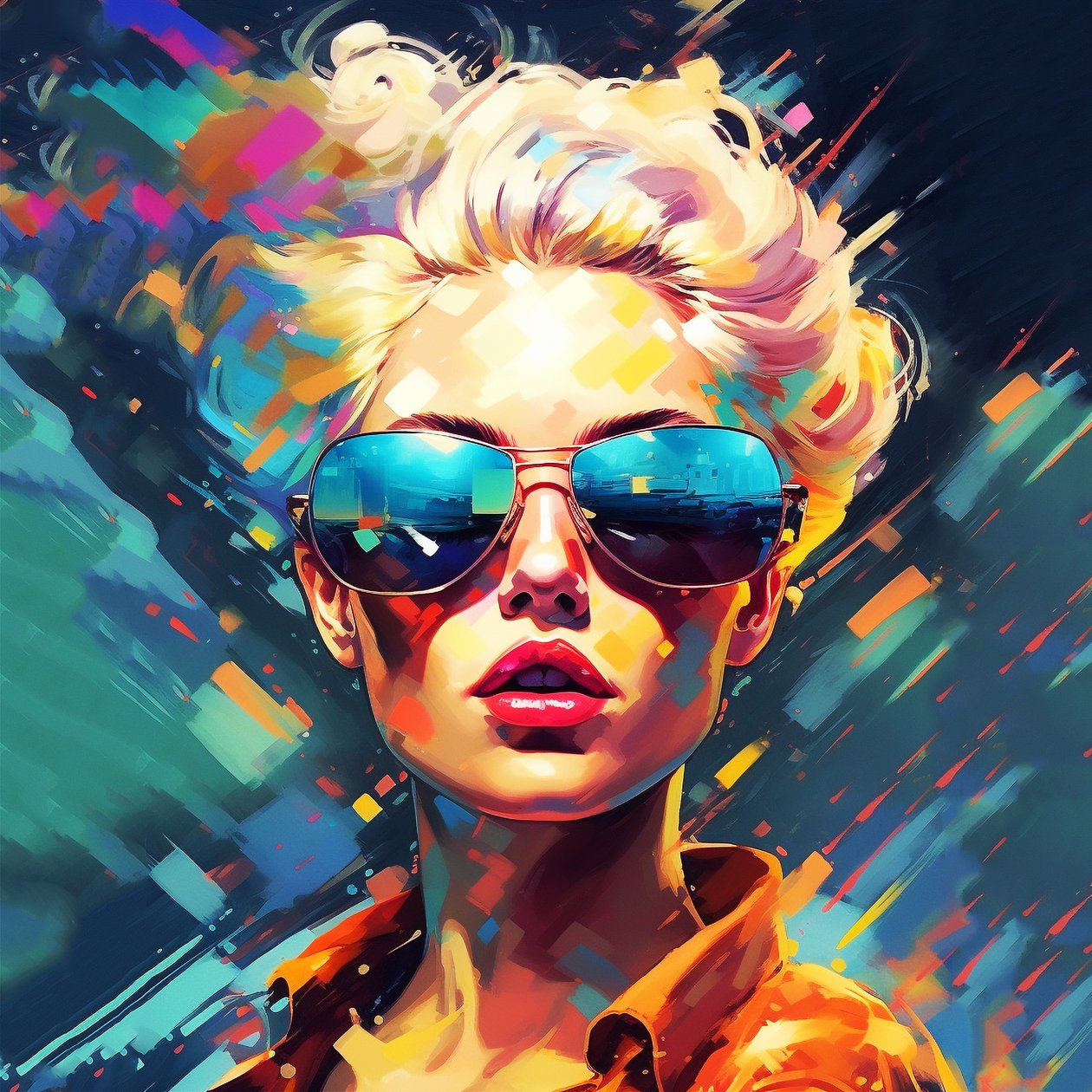 Chanteur avec des lunettes de soleil, peinture abstraite - F. Abderrahim