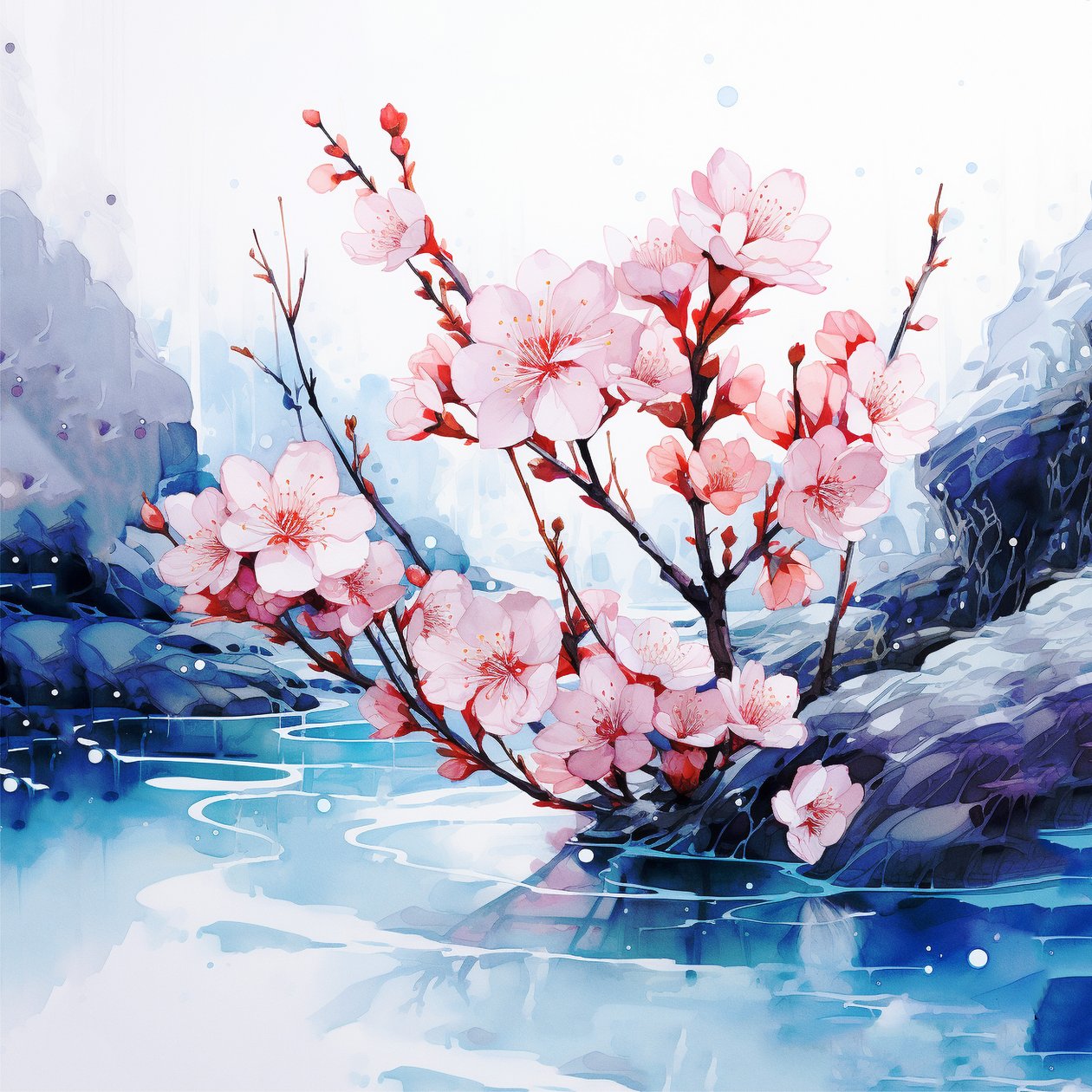 peinture aquarelle surréaliste fleurs de cerisier japonais, art mural - F. Abderrahim