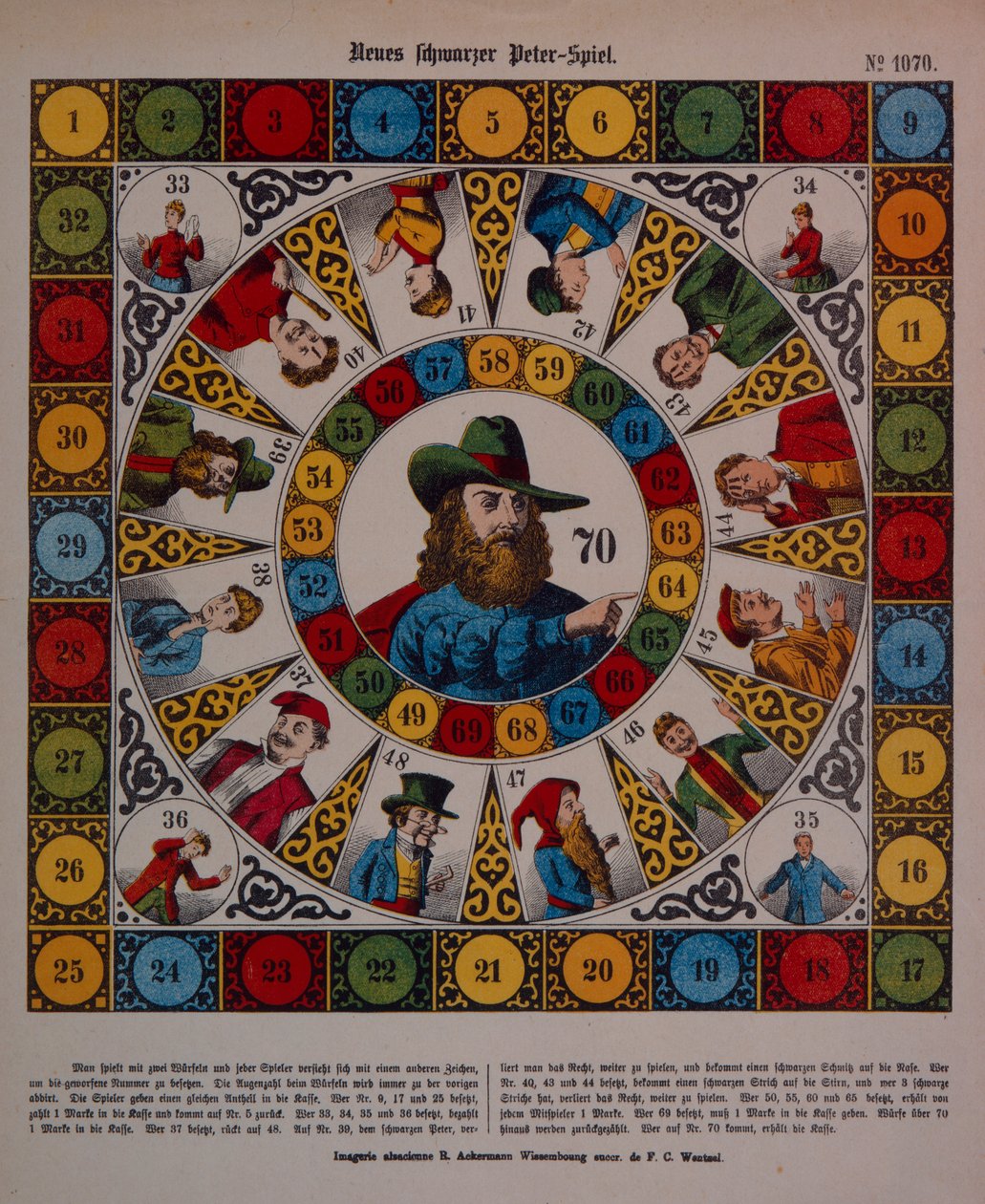 Jeu de Schwarzer Peter, ou Black Peter, feuille publiée par Ackermann, Wissembourg - F. C. Wentzel