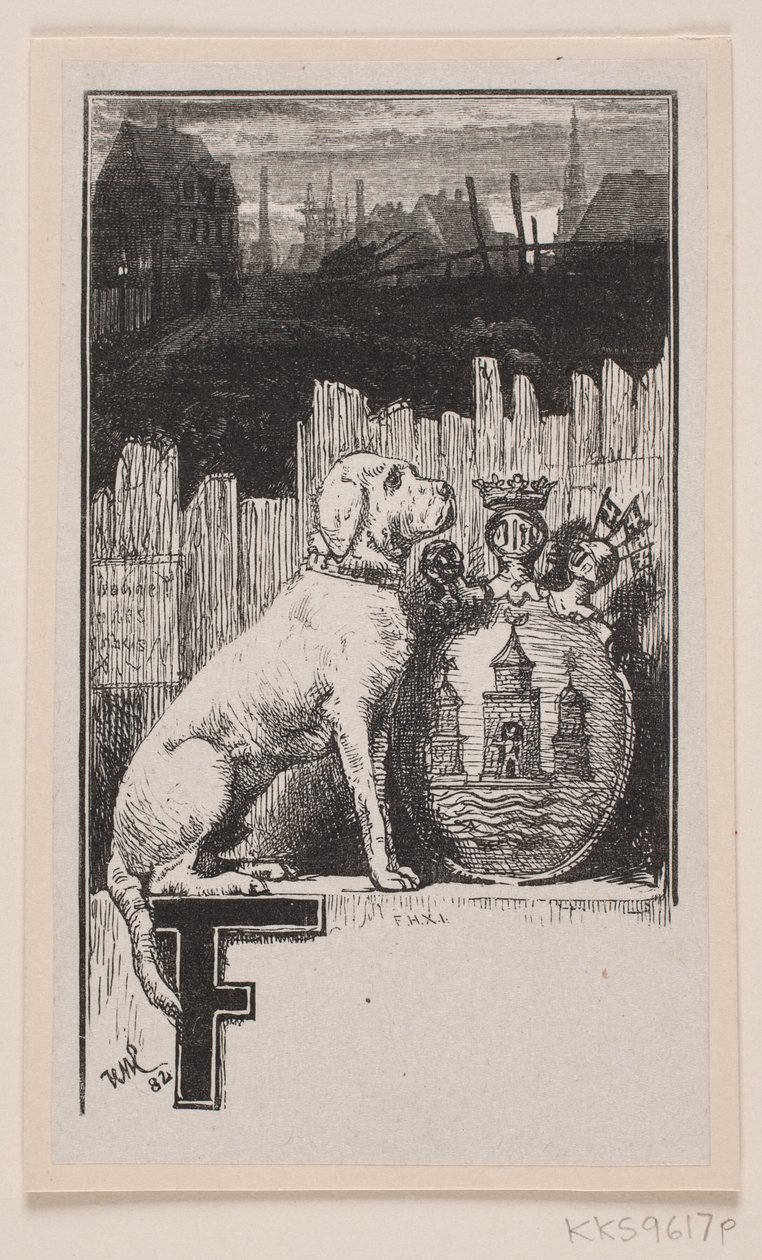 Vignette initiale."F" avec un chien et les armoiries de Copenhague - F. Hendriksen
