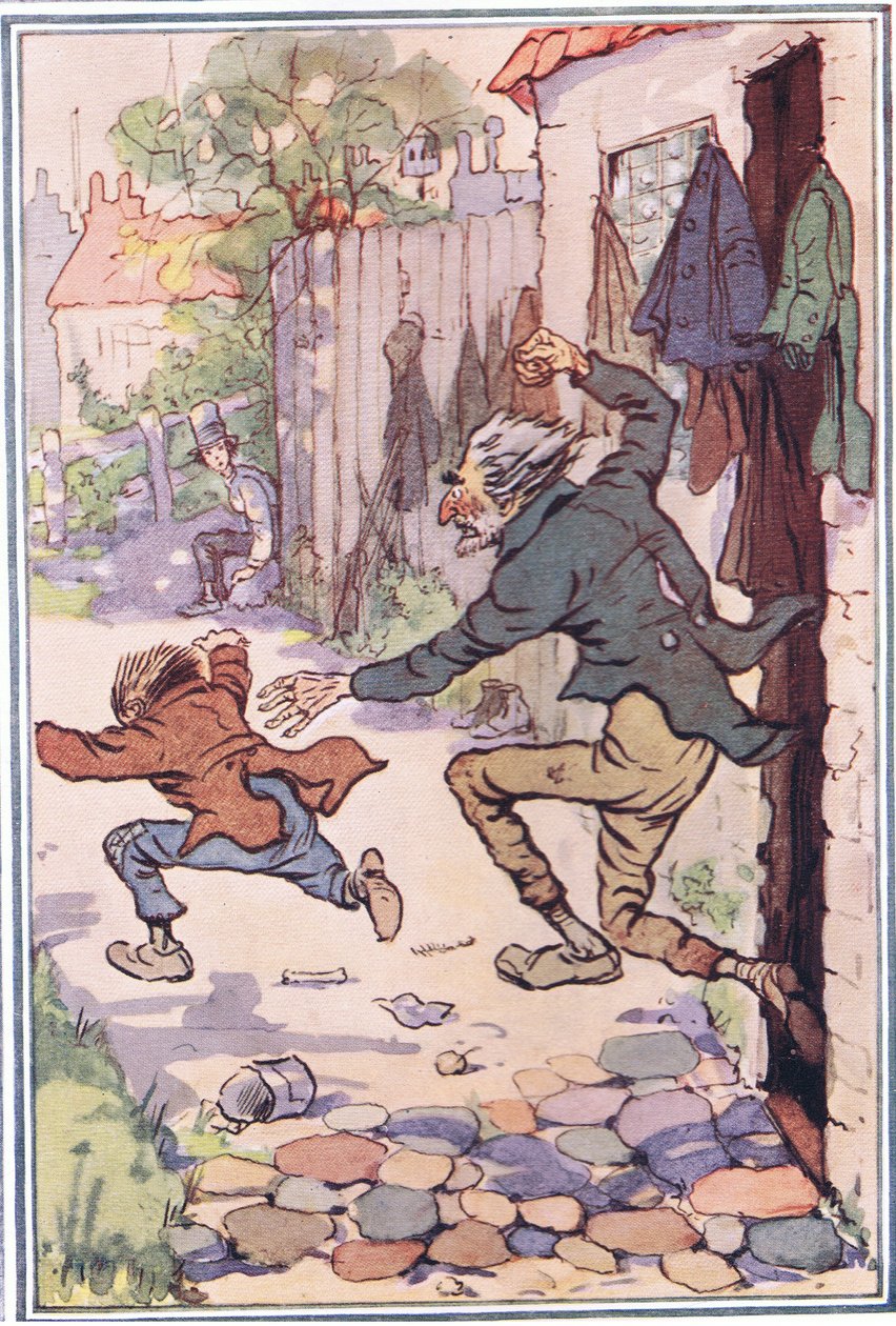 Il se précipitait hors de la boutique après eux et les envoyait voler, illustration de David Copperfield, 1914 - F. M. B. Blaikie