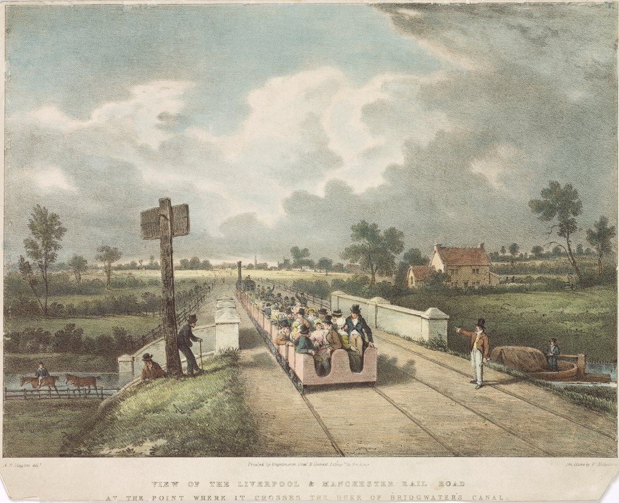Vue du chemin de fer Liverpool & Manchester au point où il traverse le canal du duc de Bridgewater, gravé par A.B. Clayton, 1831 - F. after Nicholson