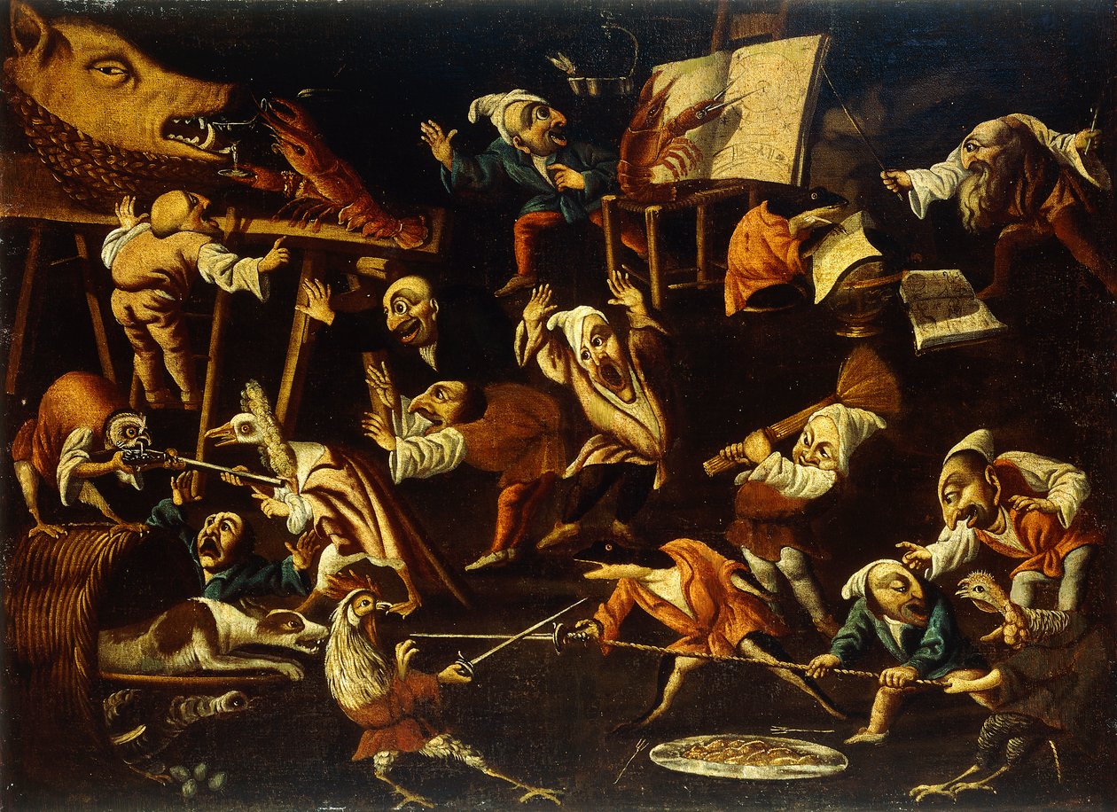 Animaux imaginaires et nains se battant, buvant et festoyant - Faustino Bocchi or Boccasi