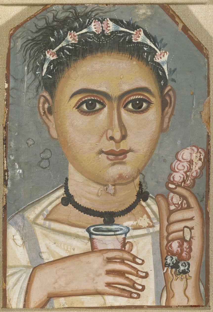 Garçon avec une guirlande florale dans les cheveux, vers 200-230 - Fayum mummy portraits