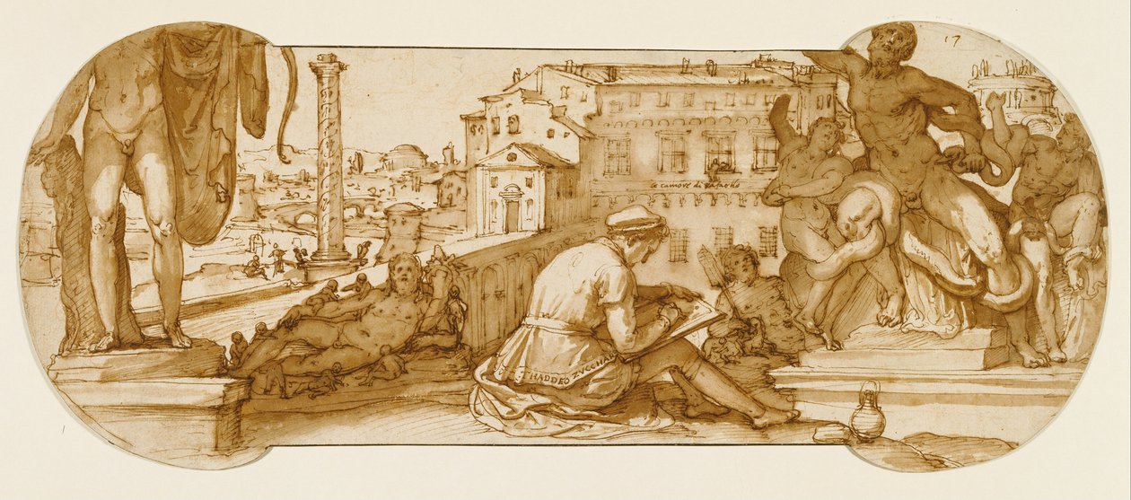 Taddeo dans la Cour du Belvédère au Vatican, dessinant le Laocoon - Federico Zuccaro