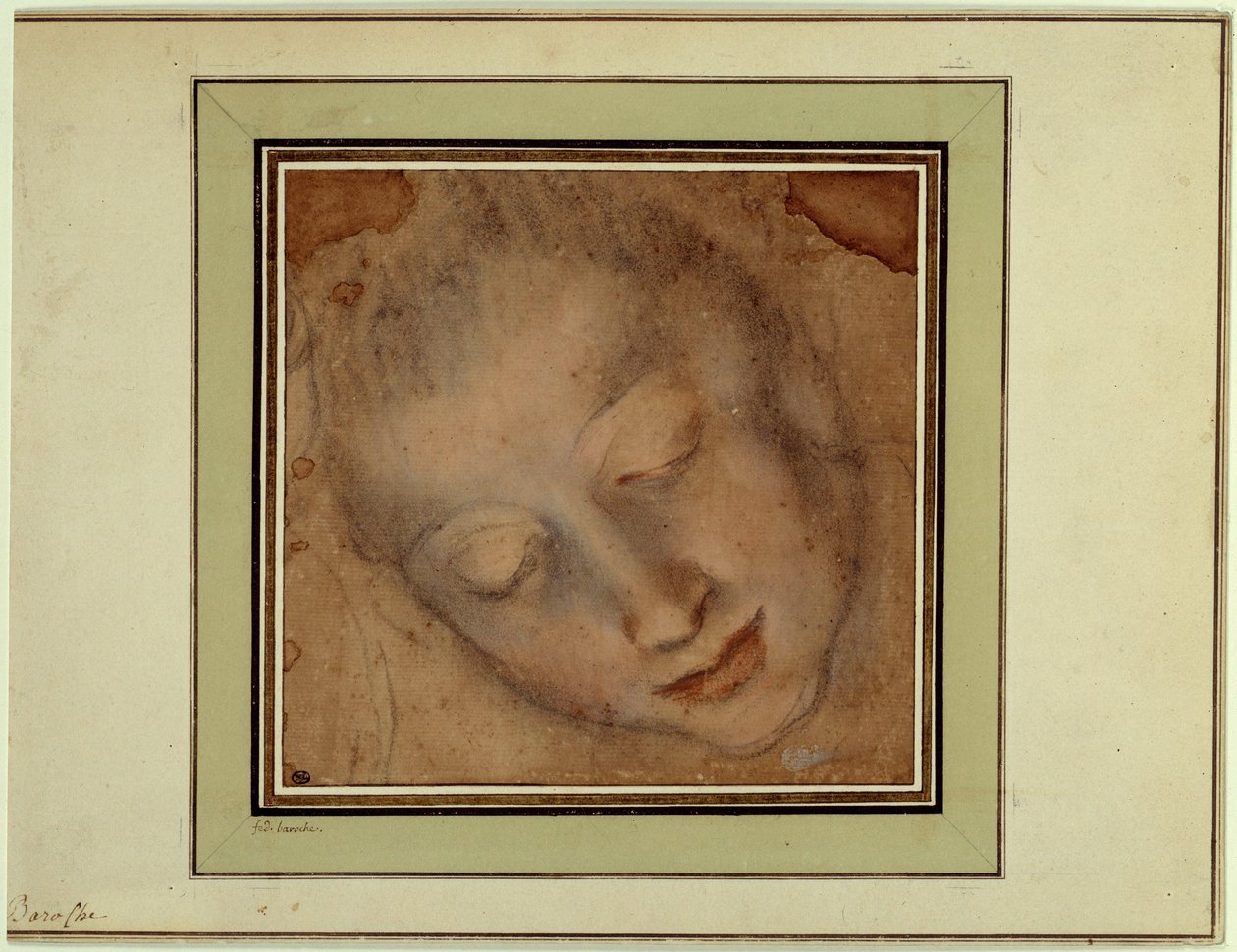 Tête de femme aux yeux fermes Dessin au sanguine et au fusain par Federico Barocci dit Le Baroche (1526-1613). Paris, Musée du Louvre - Federico Fiori Barocci or Baroccio