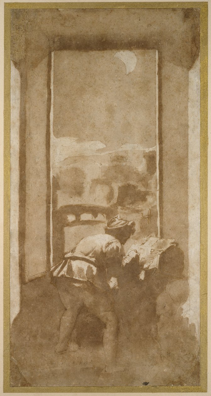 Homme dessinant au clair de lune depuis la fenêtre d
