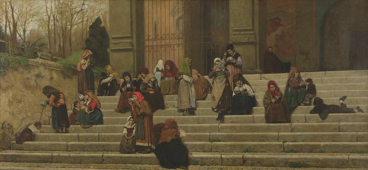 Les pauvres sur les marches du couvent d