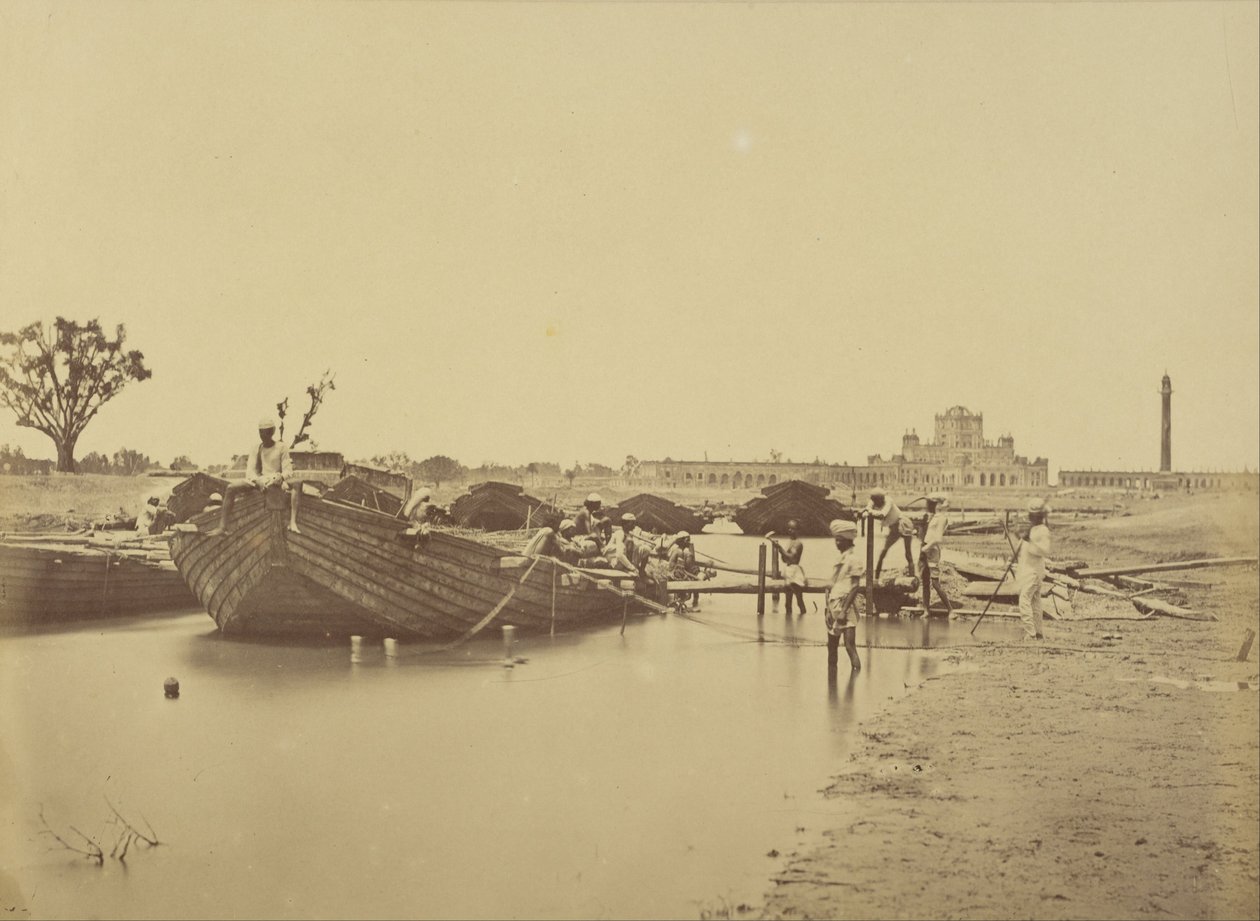 Pont de bateaux sous le collège Martinière sur la rivière Gomti - Felice Beato