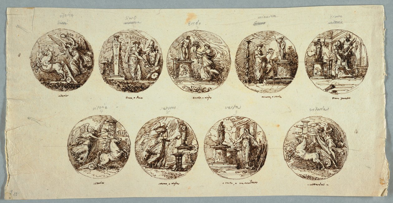 Projet de Décoration : Six Tondi avec Dieux Sacrificiels et Deux Victoires - Felice Giani