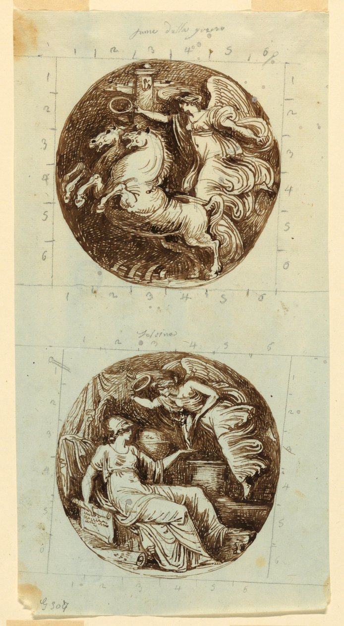 Dessin, Victoire ailée chevauchant un char ; Victoire ailée couronnant Minerve ; deux rondeaux, vers 1805 - Felice Giani