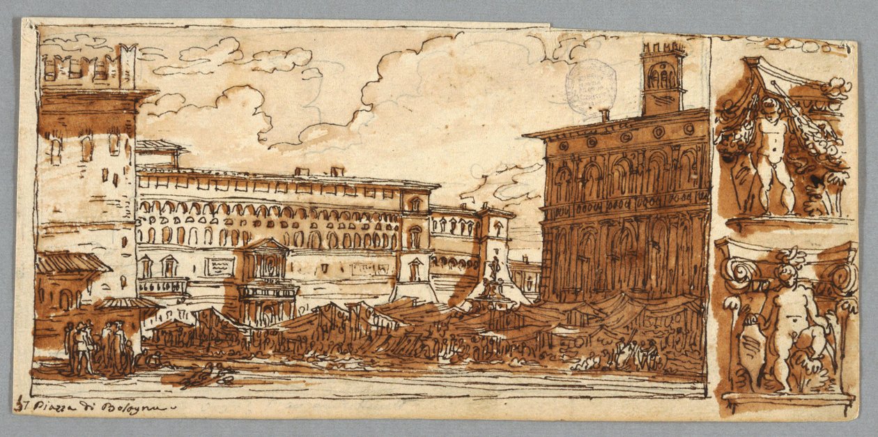 Page de carnet de croquis, Folio 57 : Étude après Piazza Emmanuelle à Bologne ; Verso, Détail architectural - Felice Giani
