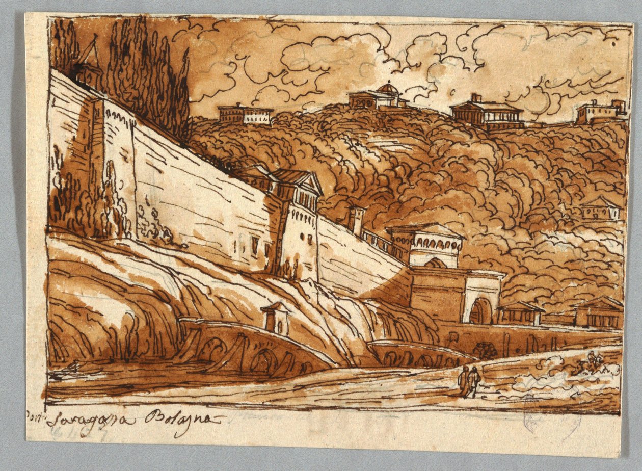 Page de carnet de croquis, Folio 57 : Étude après Porta di Saragossa à Bologne ; Verso, Détails architecturaux - Felice Giani