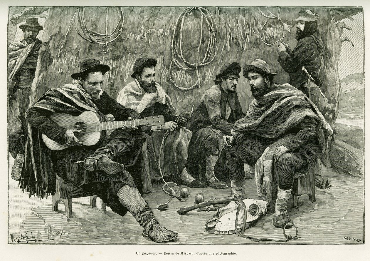 Un payador, duel en vers de chanteurs ambulants. Gravure par Myrbach, pour illustrer l