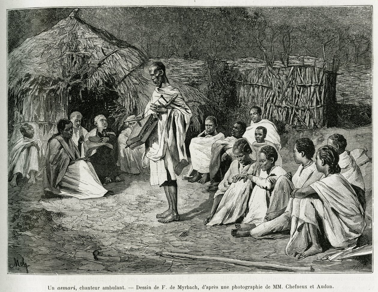 Un asmari, un chanteur ambulant. Gravure par F. De Myrbach, d