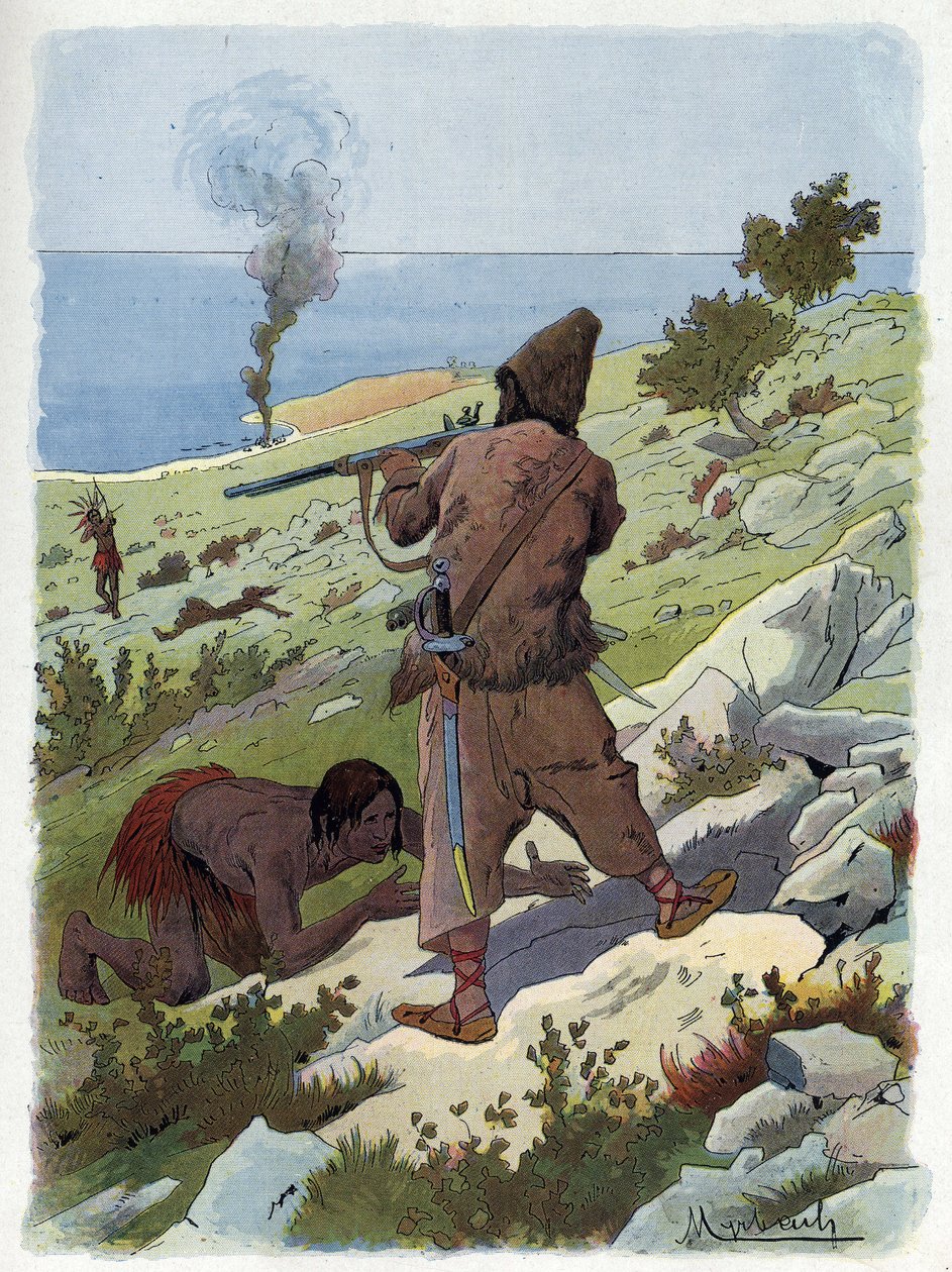 Robinson Crusoé tue les sauvages qui poursuivent Vendredi - Felicien baron de Myrbach Rheinfeld