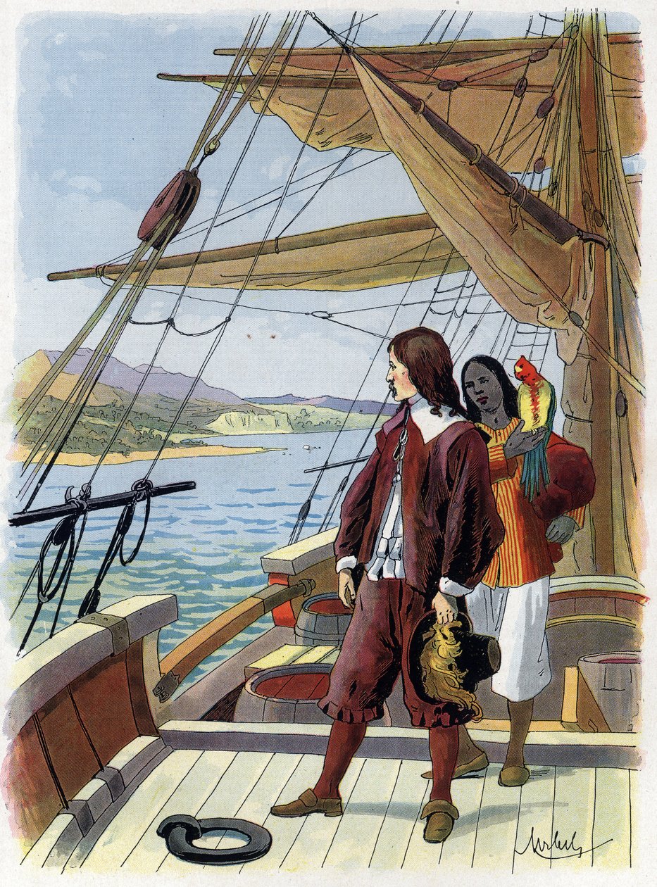 Robinson Crusoé quitte son île - Illustration par Felician MYRBACH MYRBACH RHEINFELD (1853-1940) pour le livre de Daniel Defoe Robinson Crusoé. Sans date. Vers 1934 - Felicien baron de Myrbach Rheinfeld