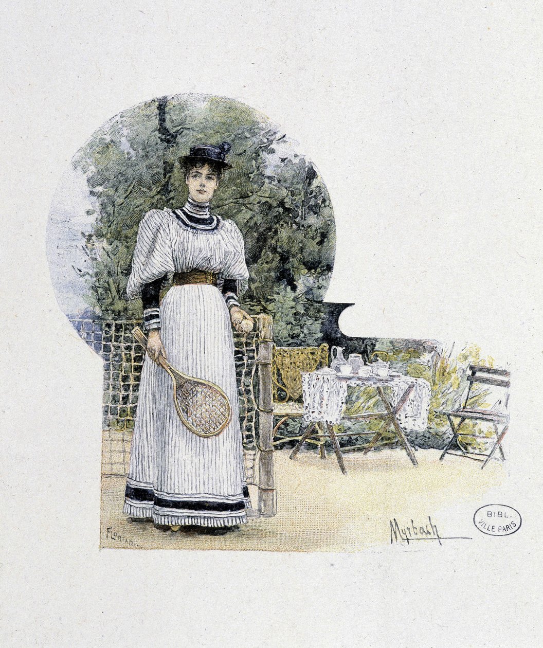 Jeune femme sur un court de tennis - gravure, fin du 19e siècle - Felicien baron de Myrbach Rheinfeld