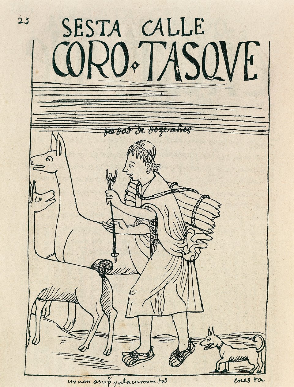 Un jeune homme gardant des lamas et ramassant du bois (dessin à l