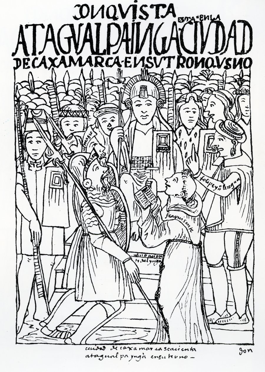 Diego de Almagro, Francisco Pizarro et le frère Vicente de Valverde agenouillés devant Atahualpa Inca à Cajamarca - Felipe Huaman Poma de Ayala