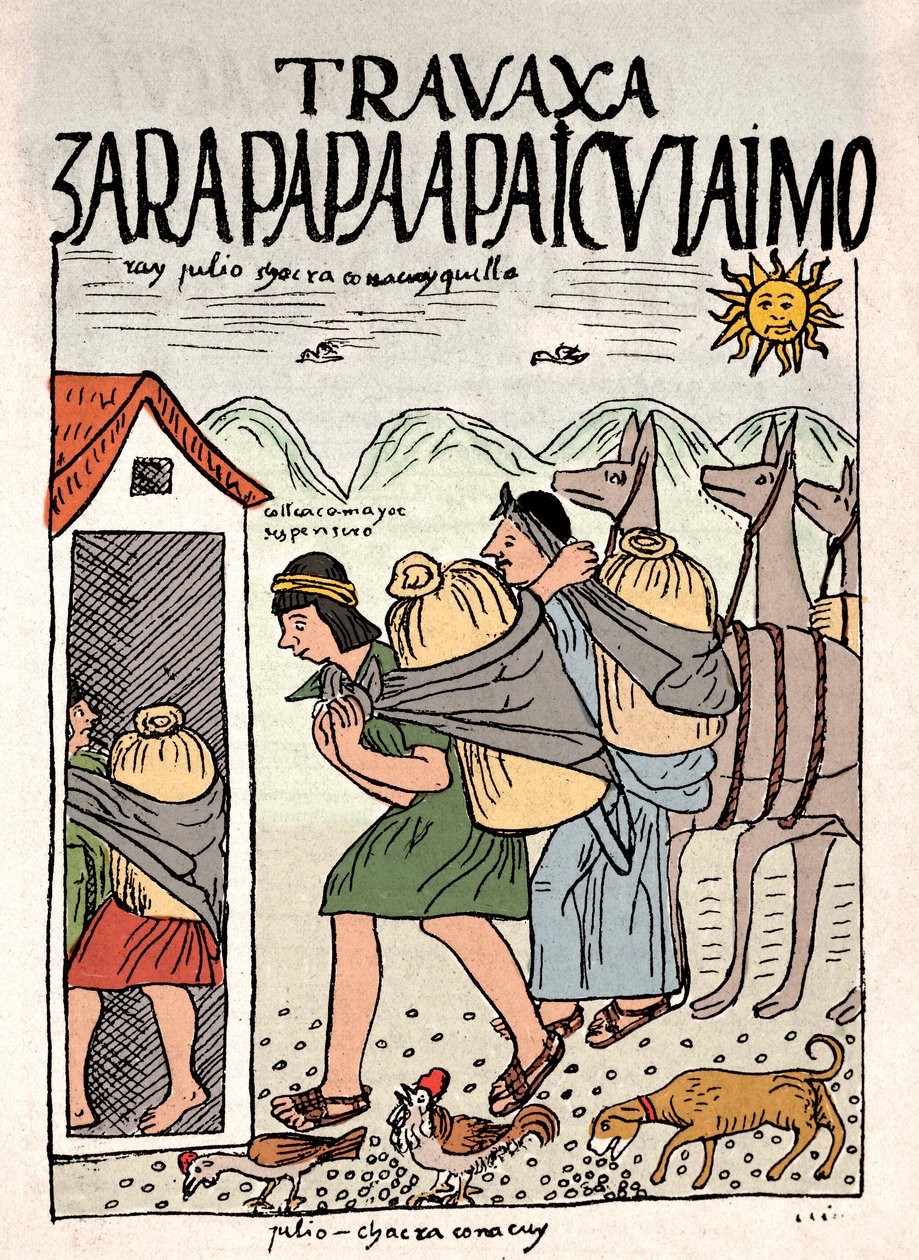 Empire Inca : paysans incas travaillant dans les champs en juillet - Dessin à l
