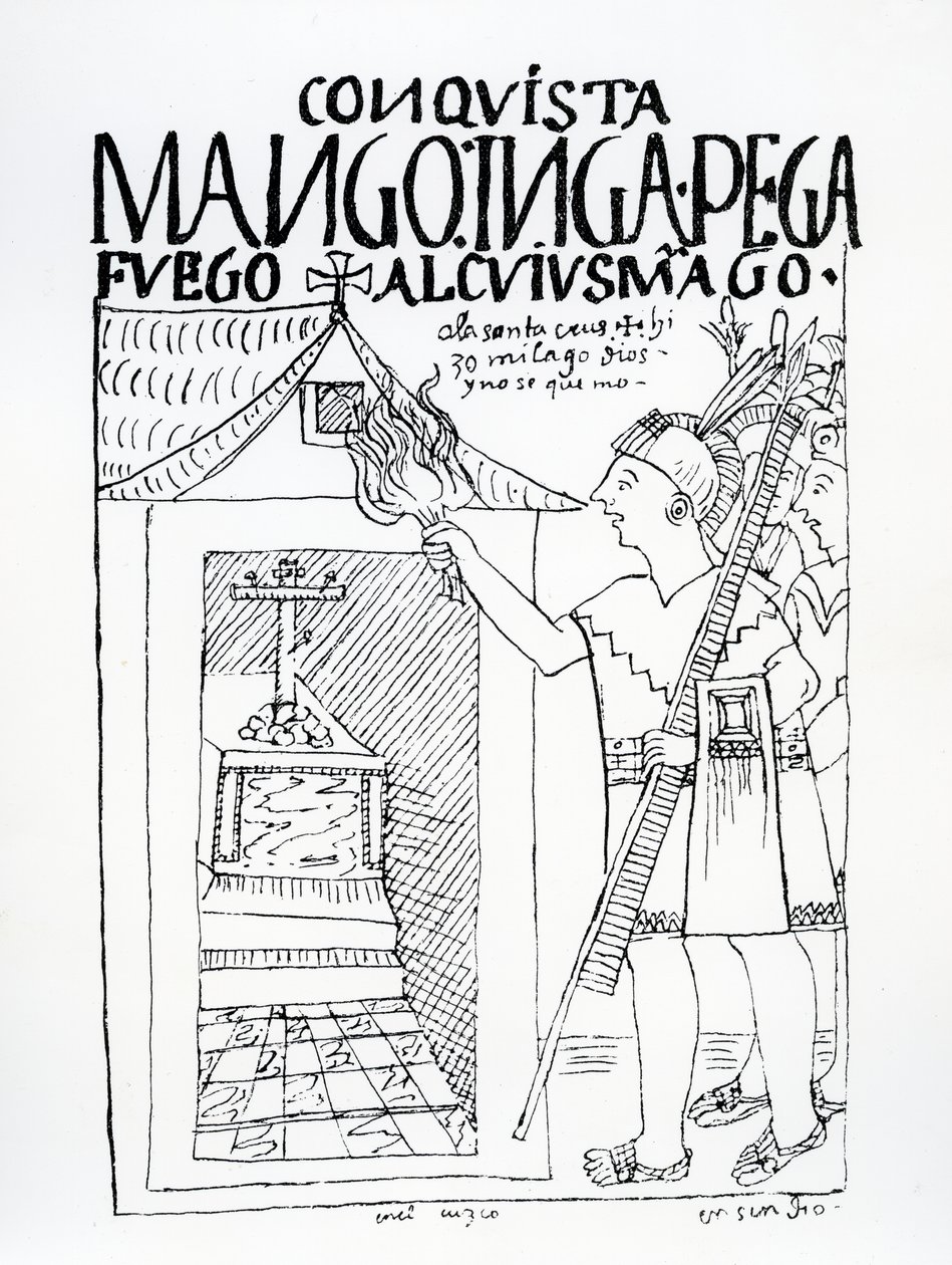 Manco Inca tente de brûler le palais inca de Cuyus Mango, converti pour le culte chrétien, mais Dieu intervient - Felipe Huaman Poma de Ayala