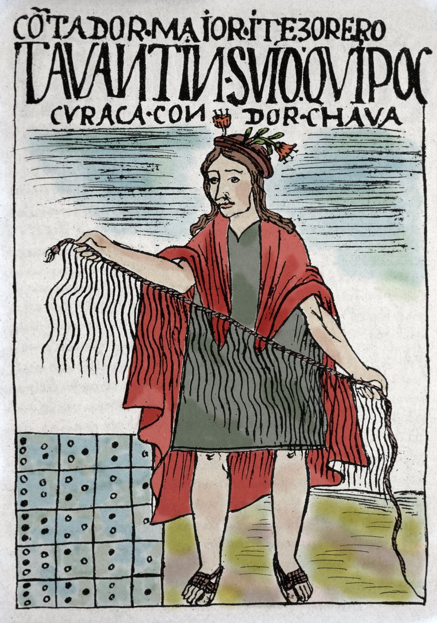 Quipu, système de comptabilité inca en corde et nœuds, culture inca 1400-1532 AD, manuscrit de Felipe Guaman Puma de Ayala (Nueva Coronica y buen Gobierno) - Felipe Huaman Poma de Ayala