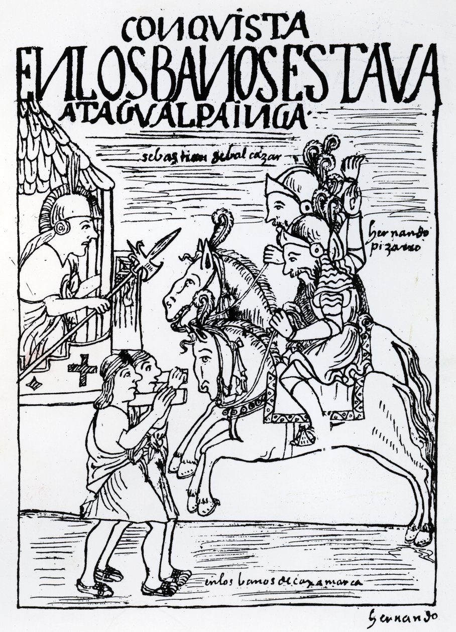 Sebastian de Benalcazar et Hernando Pizarro confrontent Atahualpa Inca aux bains royaux de Cajamarca - Felipe Huaman Poma de Ayala